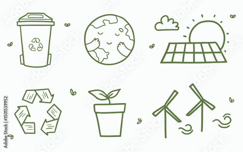 Set of ecology, environment, recycle vector icons. Doodle vector eco illustration. Organic hand drawn elements. Earth and save planet cartoon line art