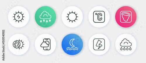 Set line Night fog or smoke, Tornado, Eclipse of the sun, Lightning bolt, Celsius, Sun, Cloud with rain and Weather forecast app icon. Vector