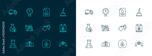 Set line Canister for motor machine oil, Oil tank storage, drop with dollar symbol, platform the sea, Contract money and pen, Tanker truck and Motor gas gauge icon. Vector