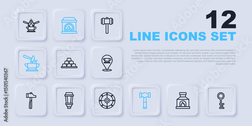 Set line Blacksmith oven, Old key, Gold bars, Hammer, Anvil and hammer, Garden light lamp, and Round shield icon. Vector