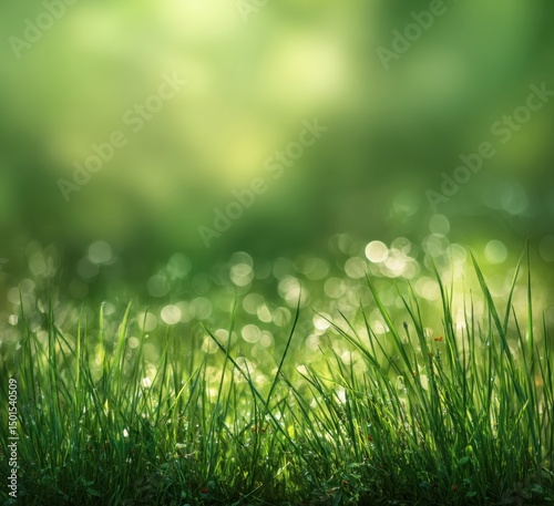Fresh Green Grass Close-Up with Bokeh Light Highlights in Nature Background