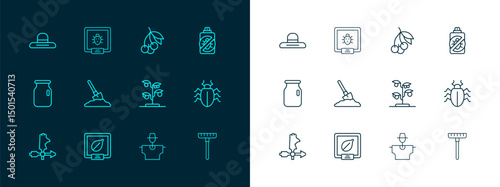 Set line Spray against insects, Seeds of specific plant, Sprout, Scarecrow, Shovel the ground, Fresh berries, Farmer worker hat and Colorado beetle icon. Vector