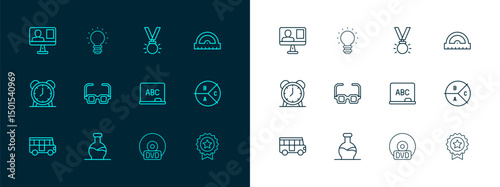 Set line Protractor grid, Test tube, Chalkboard, CD DVD disk, Glasses, Medal, Online class and Creative lamp light idea icon. Vector