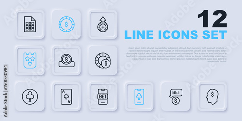 Set line Casino chip with dollar, Lucky player, Coin money, Online poker table game, Lottery ticket, Playing card spades symbol, and sports betting icon. Vector