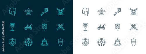 Set line Skull with sword, Round shield, Medieval flag, Princess queen, catapult, Mace spikes, helmet and Fleur de lys lily flower icon. Vector