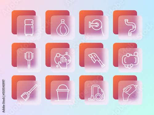 Set line Industry metallic pipe, Bucket, Brush for cleaning, Vacuum cleaner, Sponge, Toilet paper roll, Refrigerator and Garbage bag icon. Vector