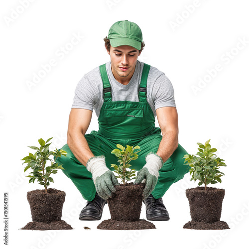 Gardener with short hair dressed in green overalls and gloves carefully plants young shrubs in pots, focusing intently on his task amid bright daylight conditions.