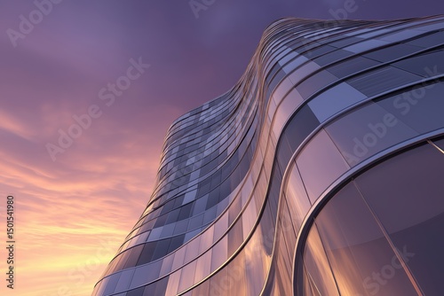 Modern high-rise building with wave-like design and glass facade at dawn or dusk