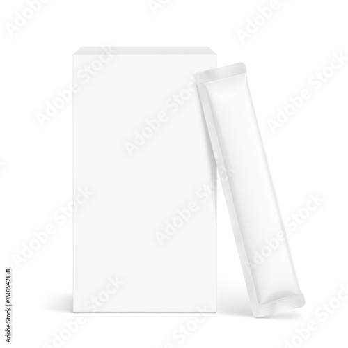 Blank three seal stick package bag with paperboard box mockups. Front view. Vector illustration isolated on white background. Can be use for food, cosmetic, pharmacy and etc. EPS10.