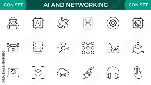 Artificial intelligence and Networking technology icon set. AI and networking editable line icon illustration.