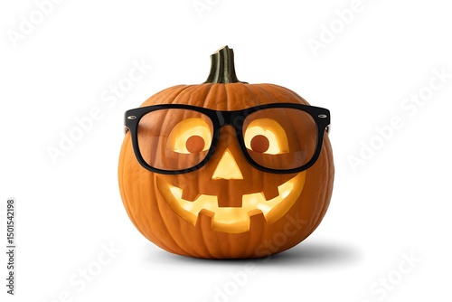 Illuminated Jack O Lantern with Glasses on Isolated White Background