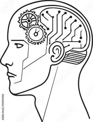 Human head with gears, brain, and silhouette for thinking, concept, and intelligence vector illustration