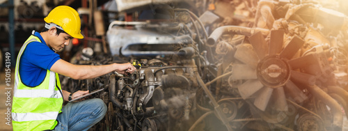 Fotografi staff worker working in scrapyard with old car spare part warehouse garage cente