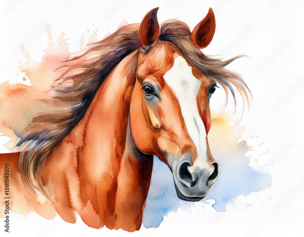 Fototapeta watercolor horse hand drawn colorful illustration isolated on white background decorative animal for greeting card invitation scrapbook mascot or package design page idea