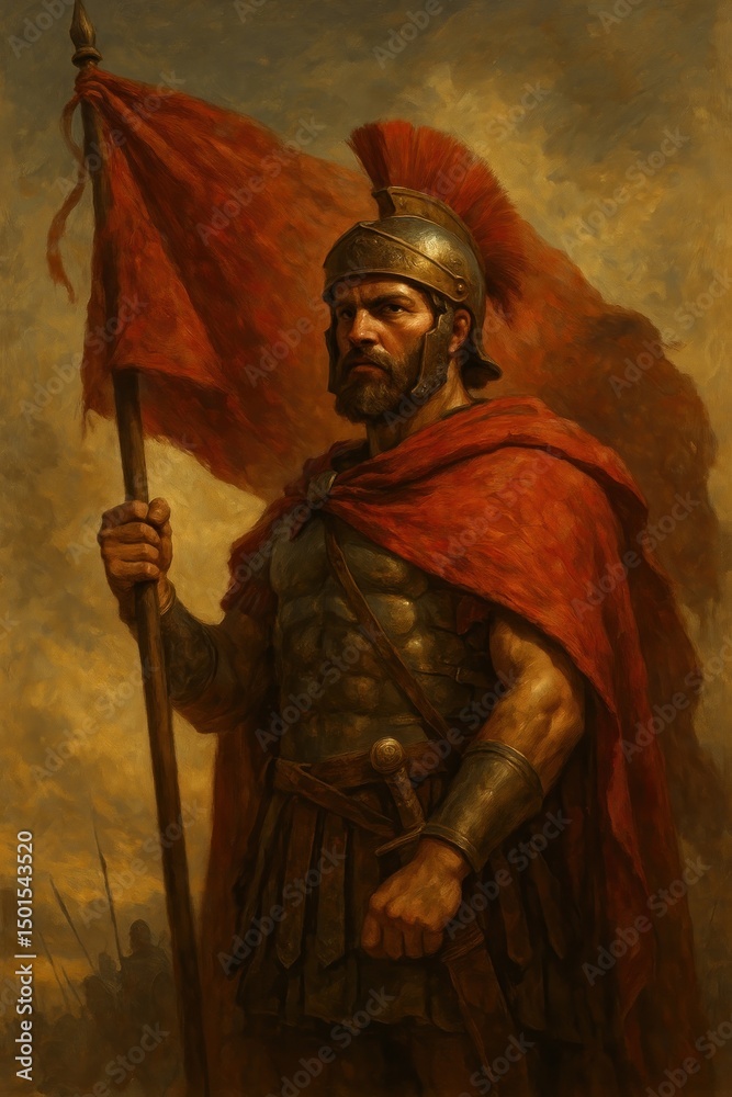 Obraz premium Ancient warrior with red flag