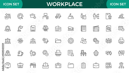 Workplace web icons in line style. Employ, conference, project, document, business, work, support, contact us, productivity strategy, collection.