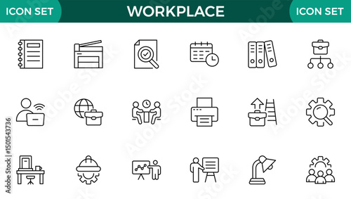 Workplace web icons in line style. Employ, conference, project, document, business, work, support, contact us, productivity strategy, collection.