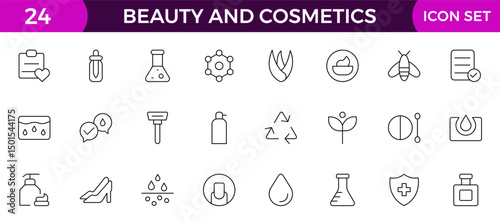 Beauty and Cosmetics product outline icon set. editable line icon collection.
