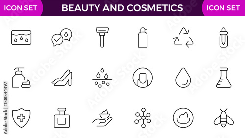 Beauty and Cosmetics product outline icon set. editable line icon collection.