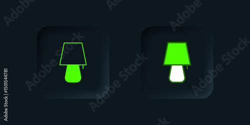 Green Table lamp icon isolated on black background. Night light. Black square button. Vector