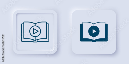 Filled and outline Audio book icon isolated on grey background. Play button and book. Audio guide sign. Online learning concept. Square button. Vector