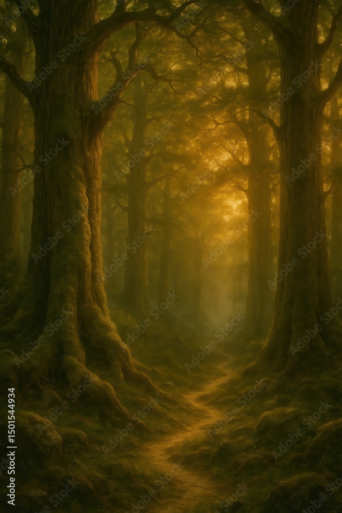 Obraz premium Enchanted forest path illuminated glow