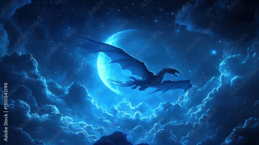 Obraz premium A mystical dragon flying under a full moon.
