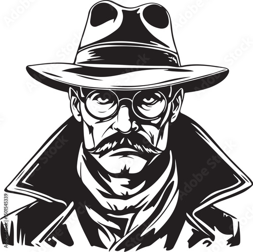 Retro cartoon illustration of an old man in a sombrero with a western vibe, a comic face, and a black hat for a Halloween costume