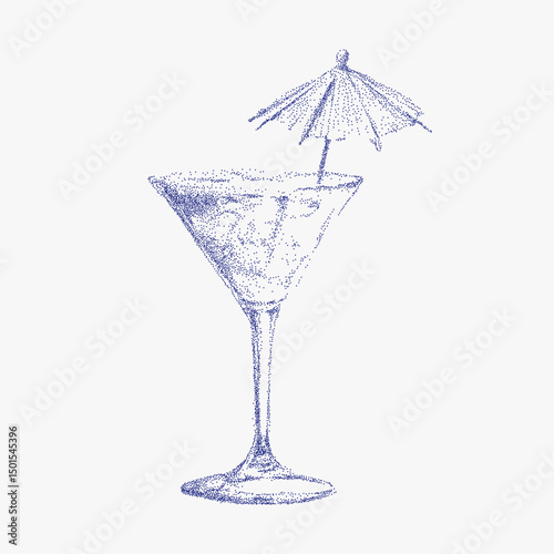 Elegant vintage ink blue sketch of Italian style handcrafted cocktail,  aperitivo drink with noisy gritty dot halftone effect and retro pop art stipple texture.