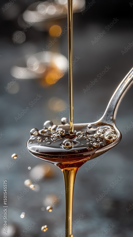 Fototapeta premium Golden syrup drips from a silver spoon.