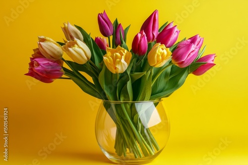 Wallpaper Mural A collection of lively tulips in various colors fills a transparent glass vase, placed on a bright yellow backdrop, creating a cheerful and inviting atmosphere ideal for spring Torontodigital.ca