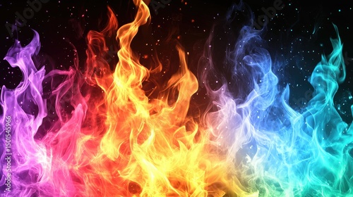 Vibrant rainbow flames against a dark, starry background