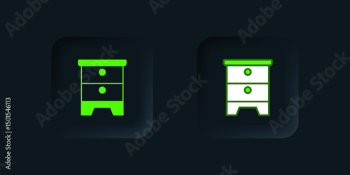 Green Furniture nightstand icon isolated on black background. Black square button. Vector