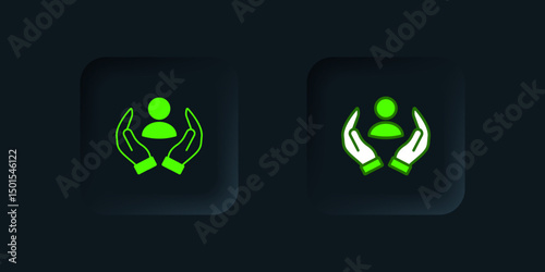 Green Life insurance icon isolated on black background. Security, safety, protection, protect concept. Black square button. Vector
