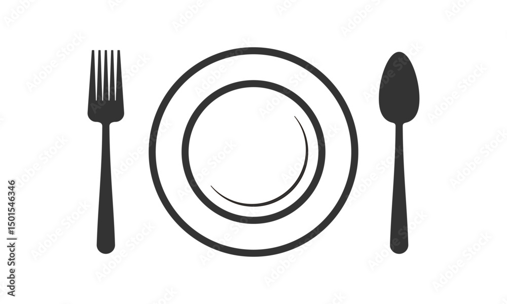 Elegant dining setup with white plate fork and spoon on plain background Elegant dining setup with white plate fork and spoon on plain background