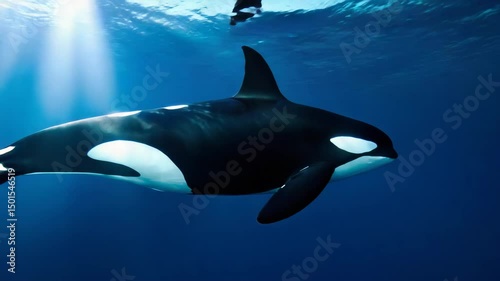 A majestic orca gracefully swimming beneath the ocean waves, illuminated by sunlight.