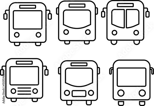 Bus icon set. travel and commute symbols for mobility. doubledecker and articulated buses. Public passenger transportation sign. contemporary school
