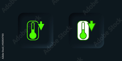 Green Meteorology thermometer measuring heat and cold icon isolated on black background. Thermometer equipment showing hot or cold weather. Black square button. Vector