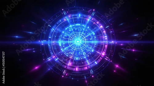 A vibrant digital abstract design with radiant blue and pink light patterns.