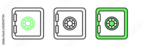 Set line Safe icon isolated on white background. The door safe a bank vault with a combination lock. Reliable Data Protection. Vector