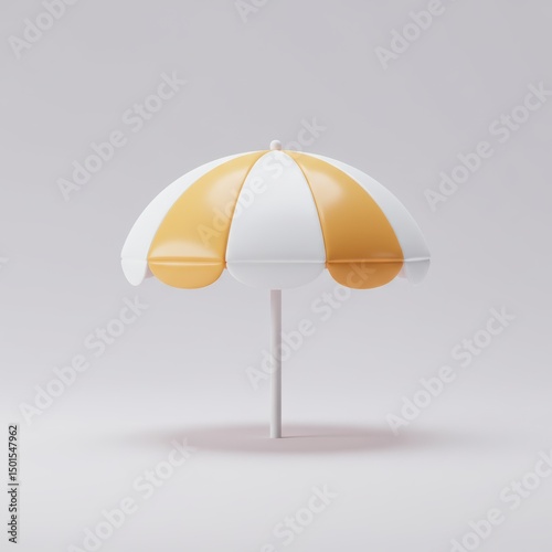 A bright, minimalist 3d render of a yellow and white striped beach umbrella on a plain gray background.