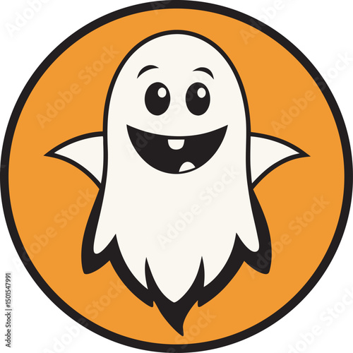 Cute Spooky Friendly Ghost on Orange Background Circle
