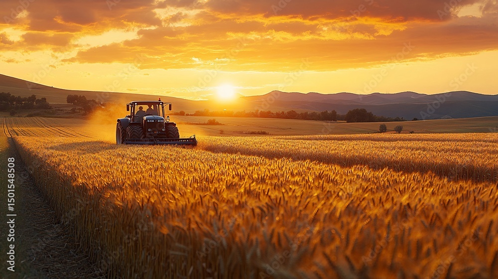 Fototapeta premium Tractor in wheat field at sunset