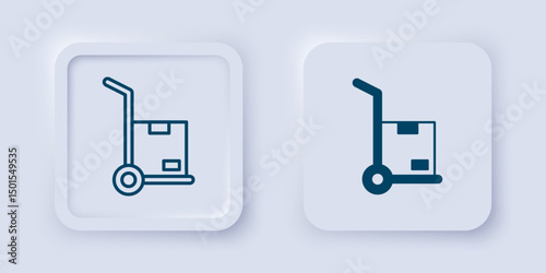 Filled and outline Hand truck and boxes icon isolated on grey background. Dolly symbol. Square button. Vector