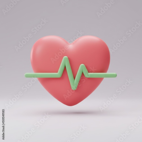 A 3d rendered image showing a heart with a green heartbeat line on a soft, gradient background.
