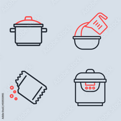 Set line Measuring cup and bowl, Packet of pepper, Slow cooker and Cooking pot icon. Vector