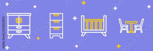 Set line Table with chair, Baby crib cradle bed, Chest of drawers and icon. Vector