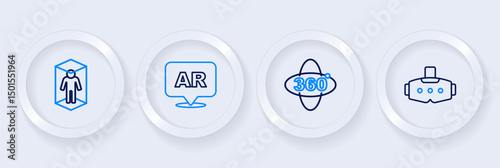 Set line Virtual reality glasses, 360 degree view, Augmented AR and 3d modeling icon. Vector
