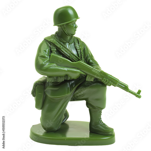 A green toy soldier kneeling with a rifle in a classic pose.