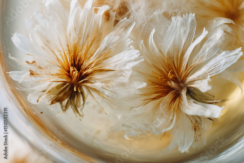 Floral immersion: Delicate blossoms gracefully afloat in liquid amber, evoking tranquility and natural artistry, a gentle dance of nature's elegance.